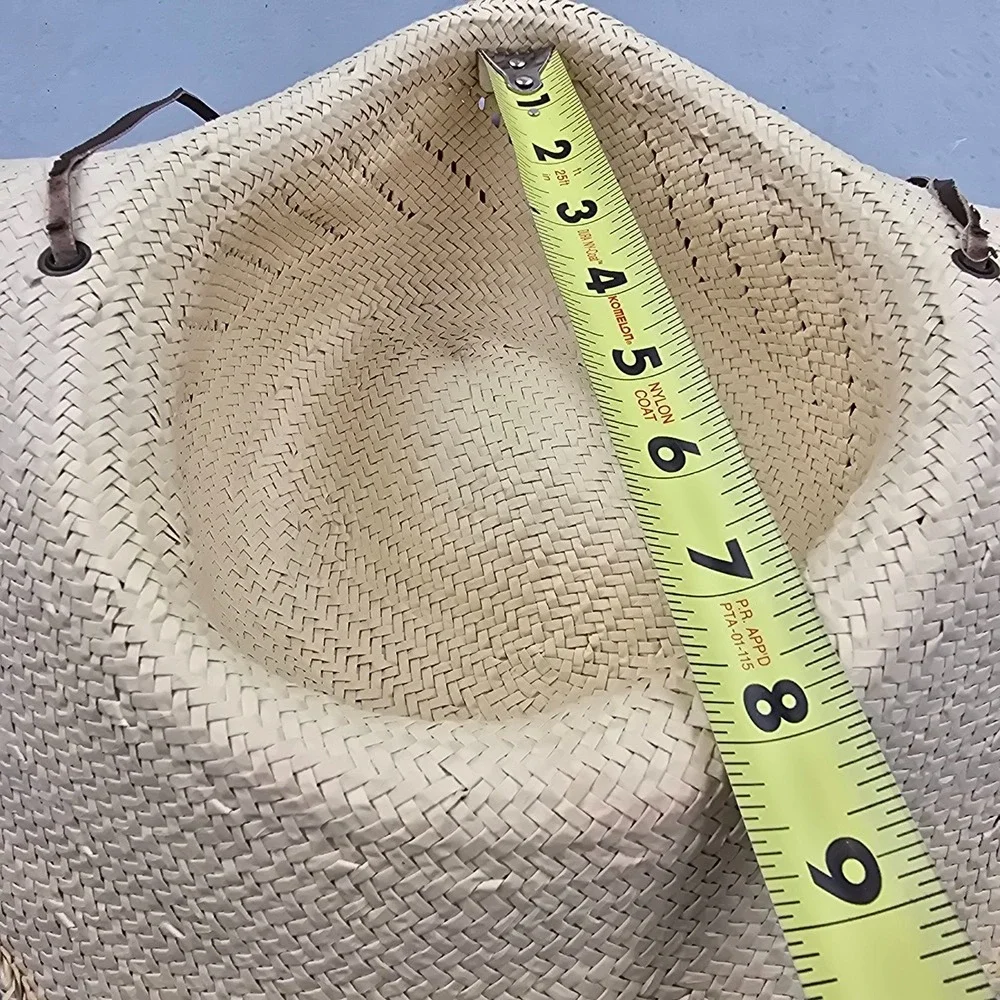 Unisex Sun Hat OS Beige Straw Braided Wide Brim Beach Leather Chin Cord Cap